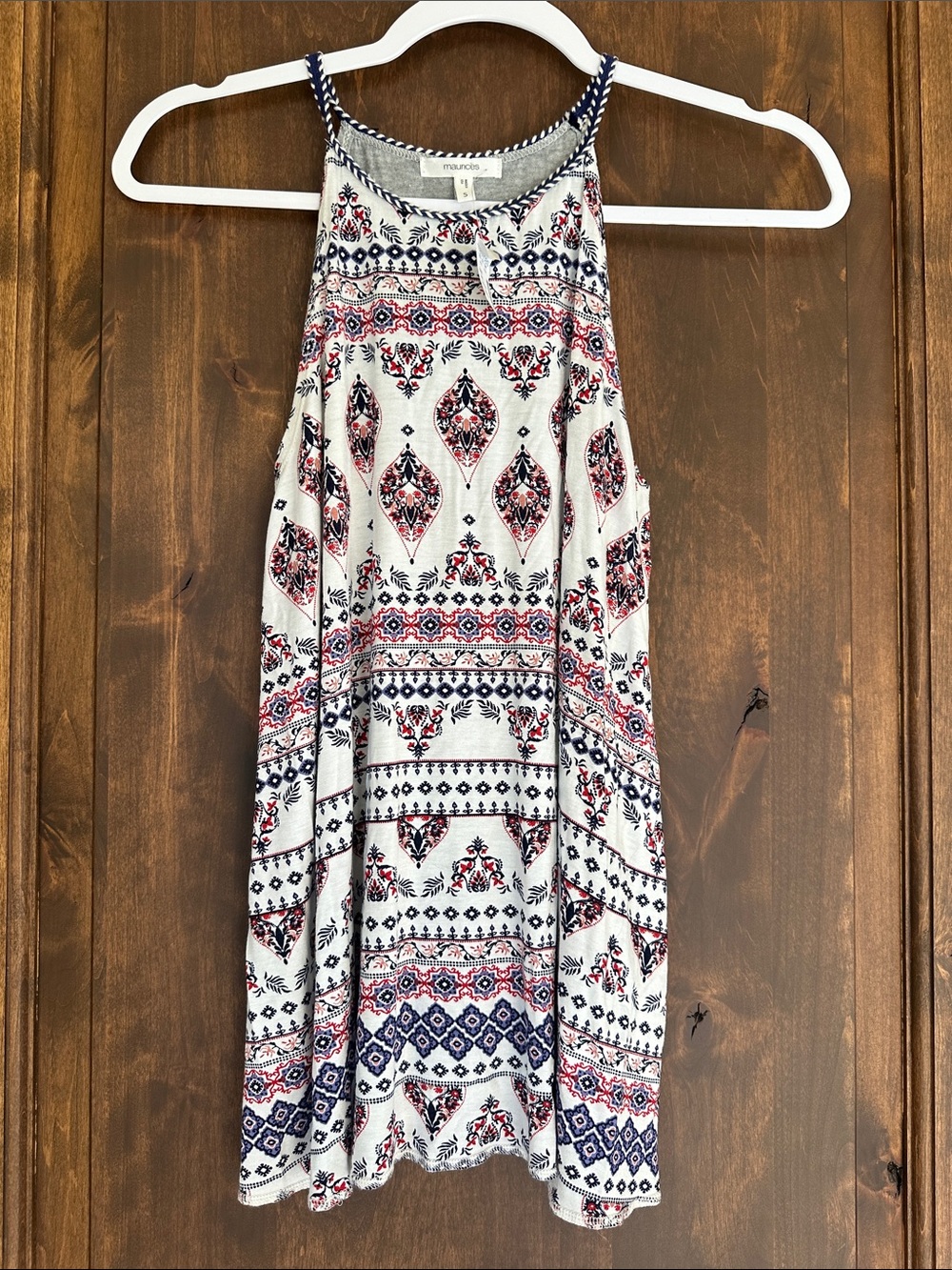 Maurices White Tank Top with Navy & Red Geometric Print
